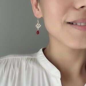 Gold Plated Peacock Feather Earrings with Red Czech Glass Teardrop